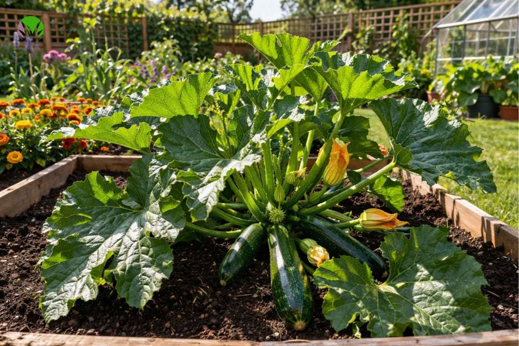Courgette plant growing in a UK garden bed