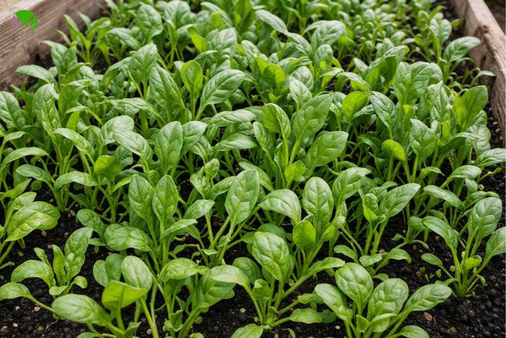 Crowded spinach seedlings growing in a UK garden