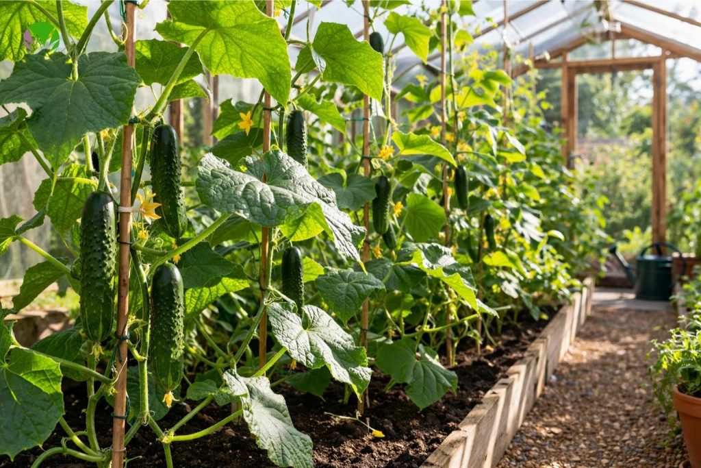 Cucumber plants growing in a sheltered UK garden setup