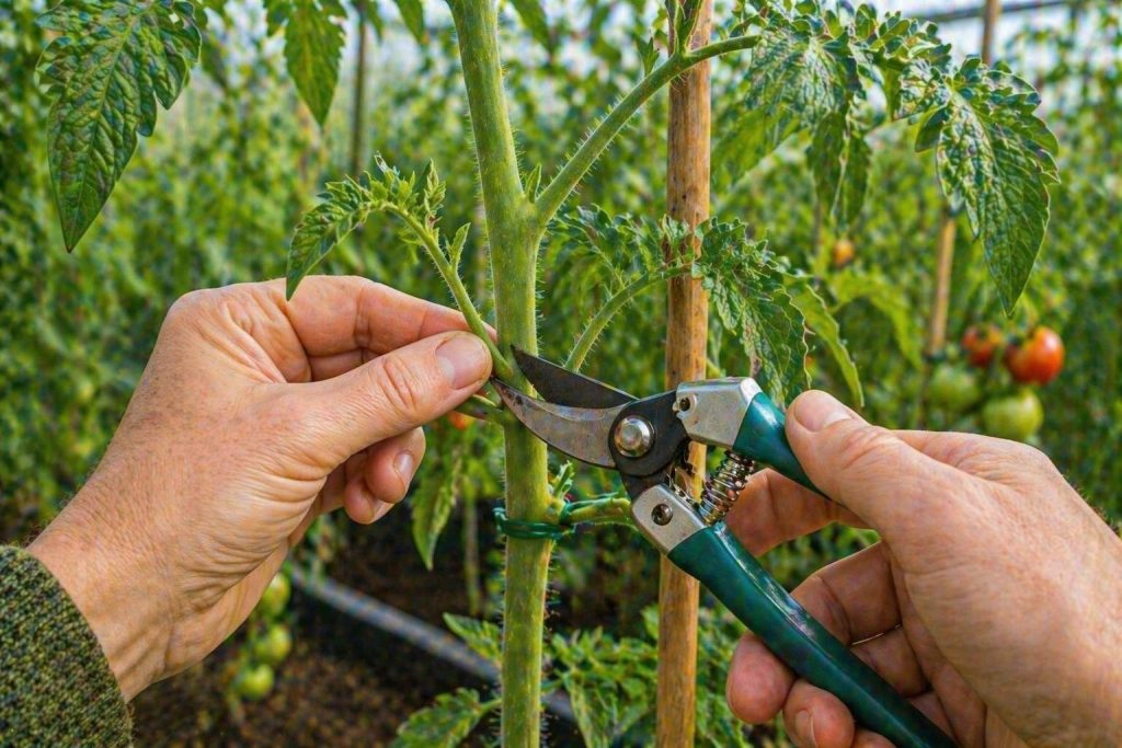 Using secateurs to remove a large side shoot from a tomato plant