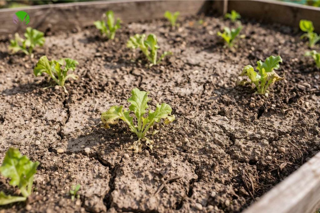 Young lettuce seedlings in dry soil in a UK garden