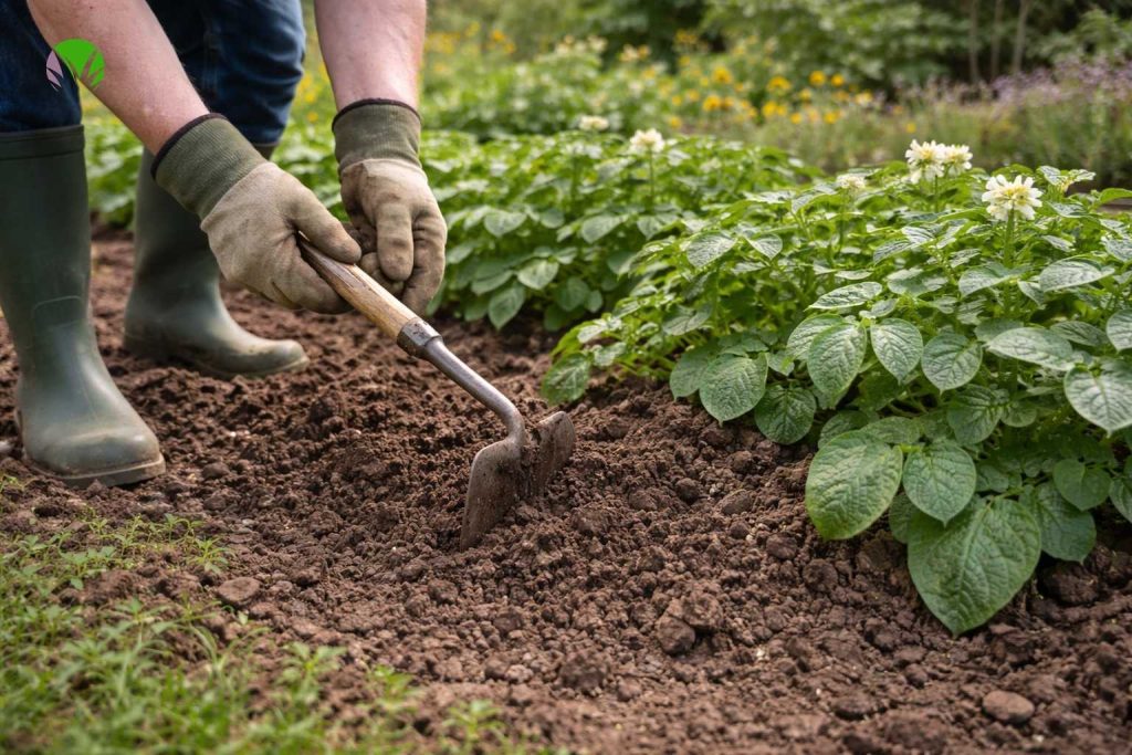 Earthing up potato plants in a UK garden