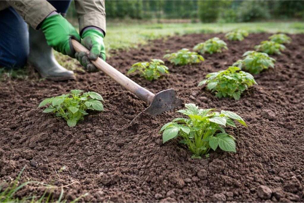 Earthing up potato plants in a UK garden