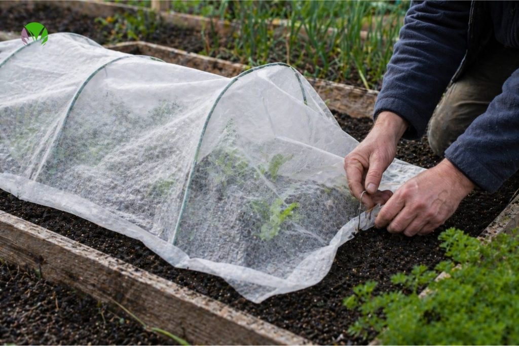 Person securing a fleece tunnel over young plants in a raised bed to protect from frost in May in the UK