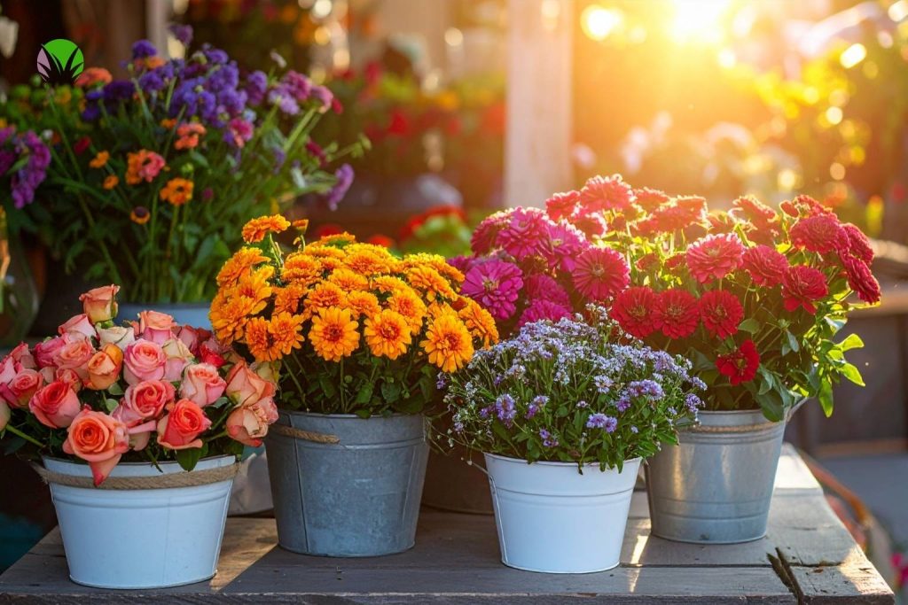 Colourful flower pots with roses, marigolds and zinnias on a patio in summer sunshine