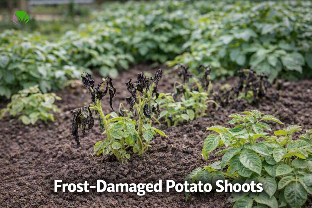 Frost-damaged potato shoots in a UK garden