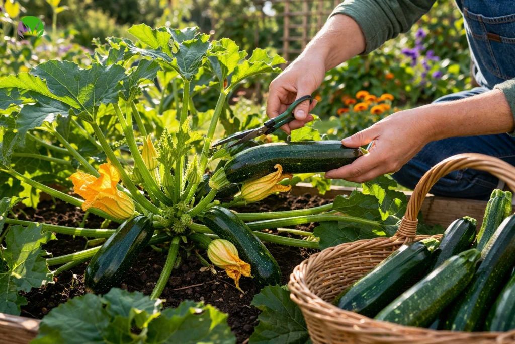 Harvesting courgettes in a UK garden
