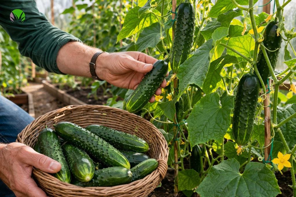 Harvesting cucumbers in a UK garden