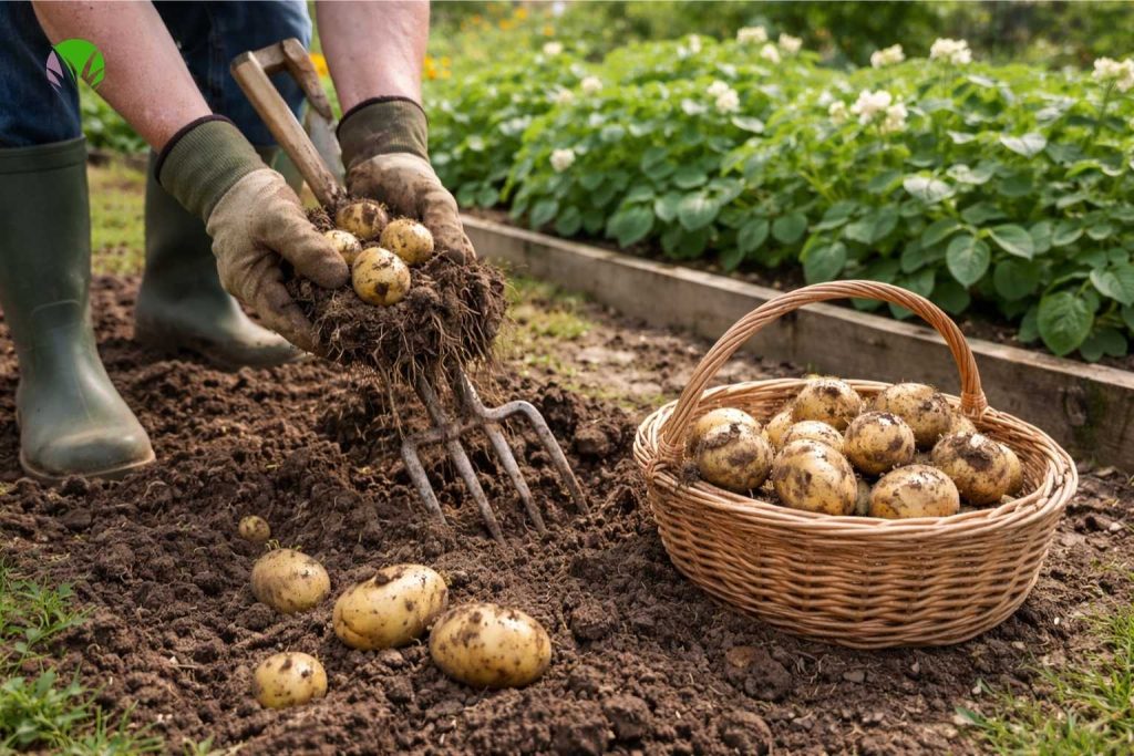 Harvesting homegrown potatoes in a UK garden