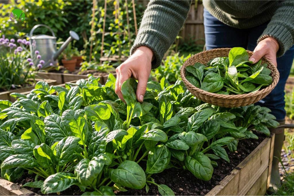 Harvesting spinach in a UK garden