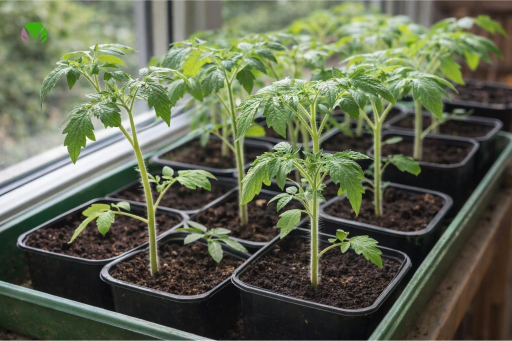Healthy compact tomato seedlings growing in the UK