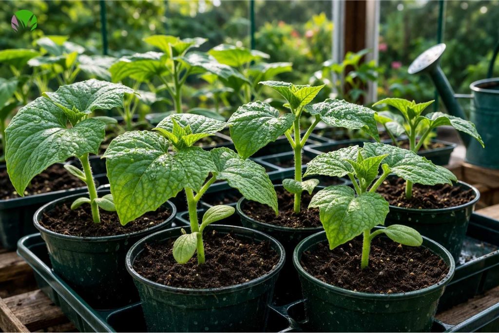 Healthy cucumber seedlings growing strongly in pots in the UK