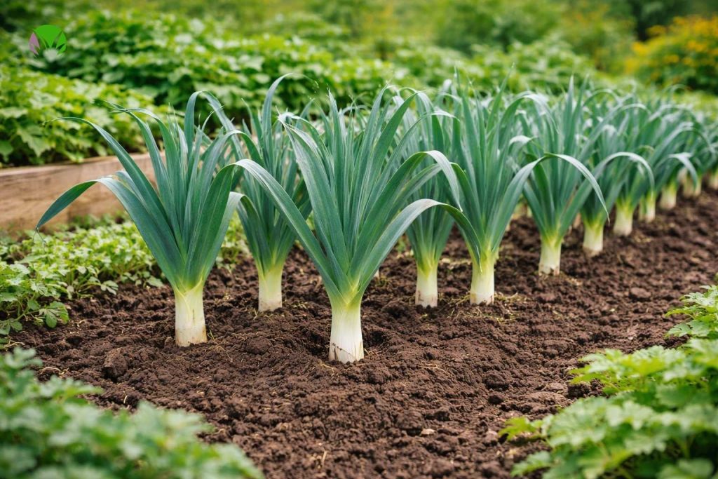 Healthy leek plants growing in a UK garden row