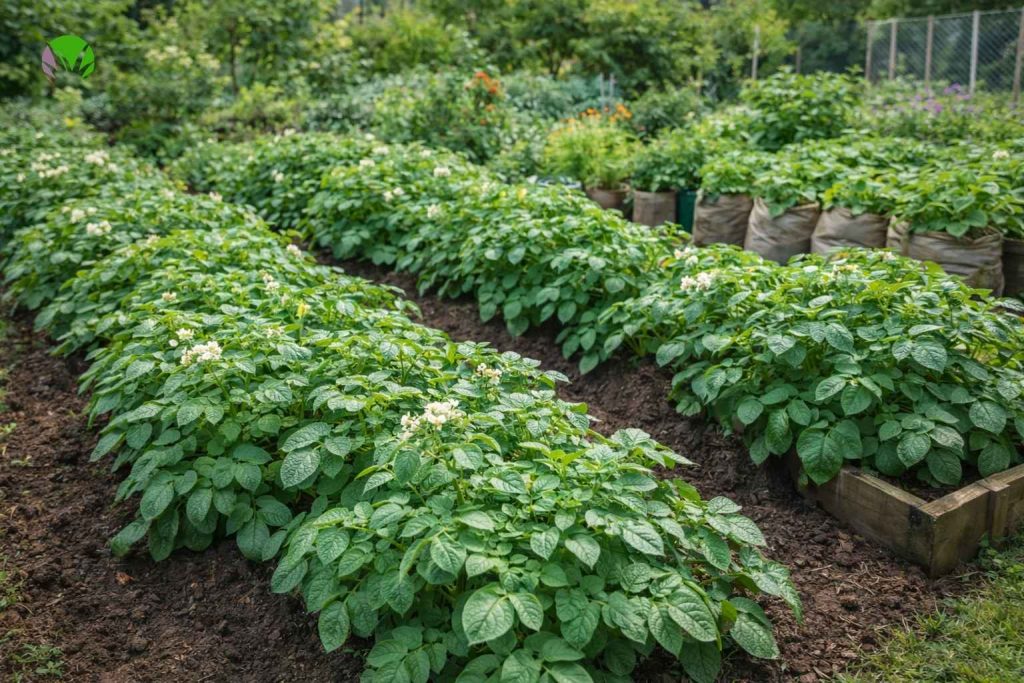Healthy potato crop growing in a UK garden