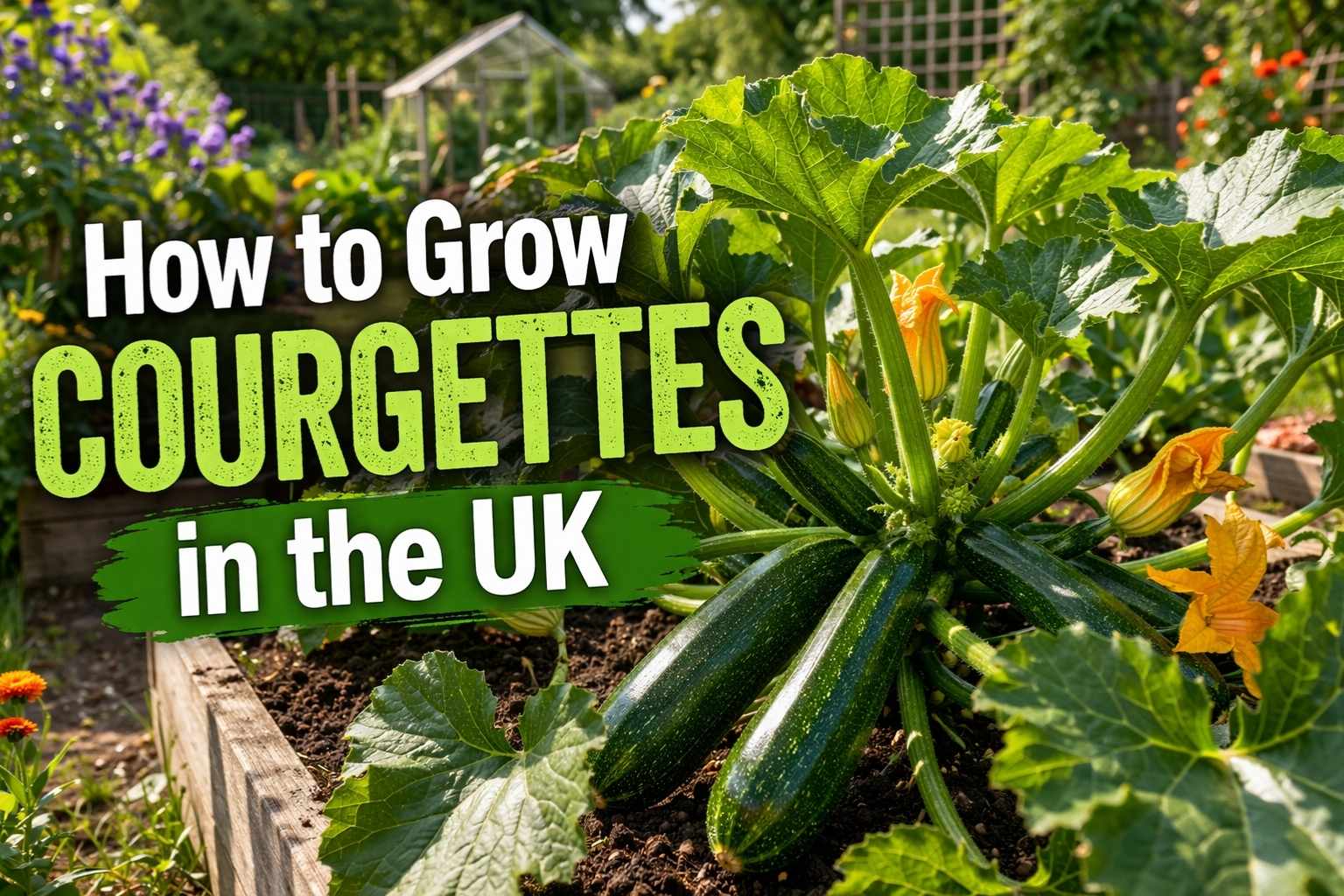 How to grow courgettes in the UK featured image showing a healthy courgette plant in a garden