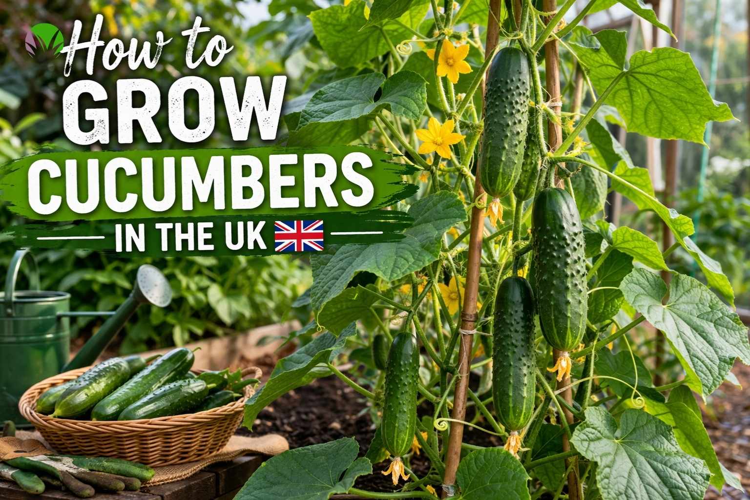 How to grow cucumbers in the UK featured image showing healthy cucumber plants growing in a garden