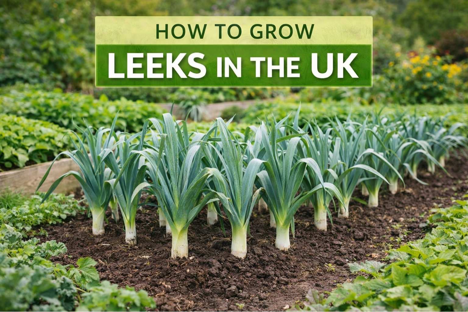 Healthy leeks growing in neat rows in a UK garden