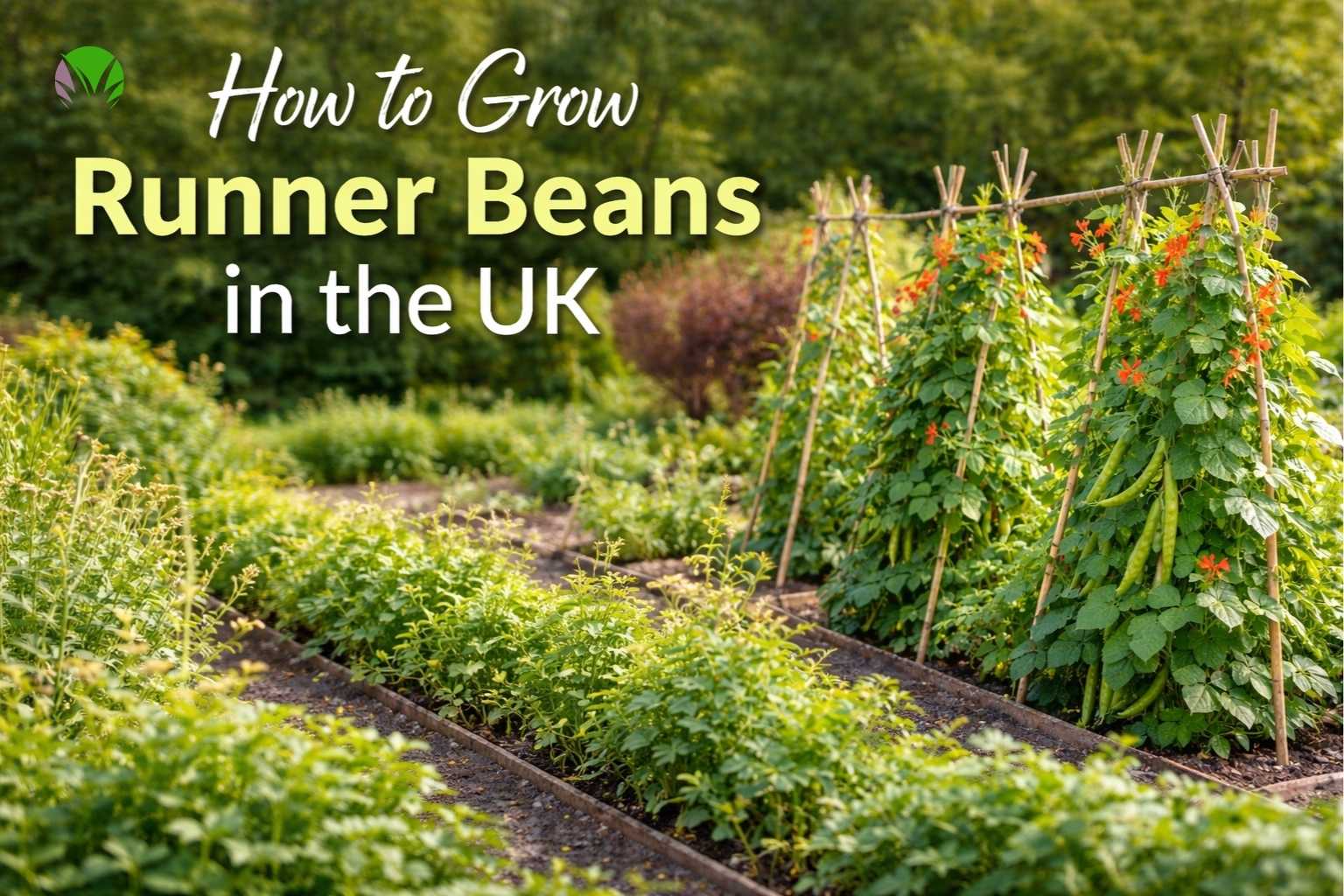 Healthy runner bean plants growing on canes in a UK garden