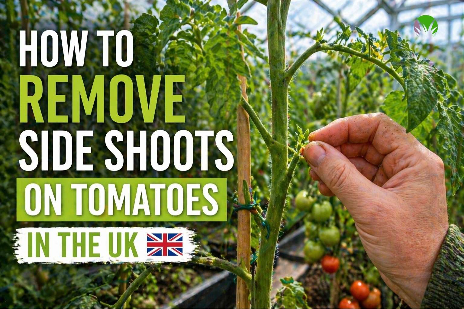 Removing a side shoot from a tomato plant in a UK greenhouse
