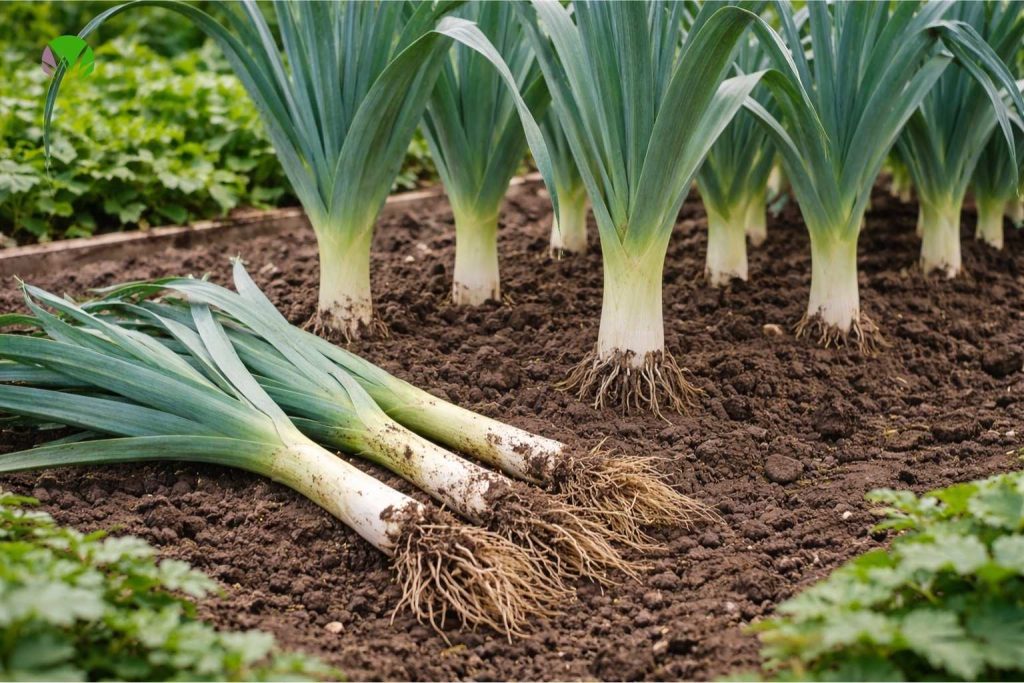 Mature leeks ready to harvest in a UK garden