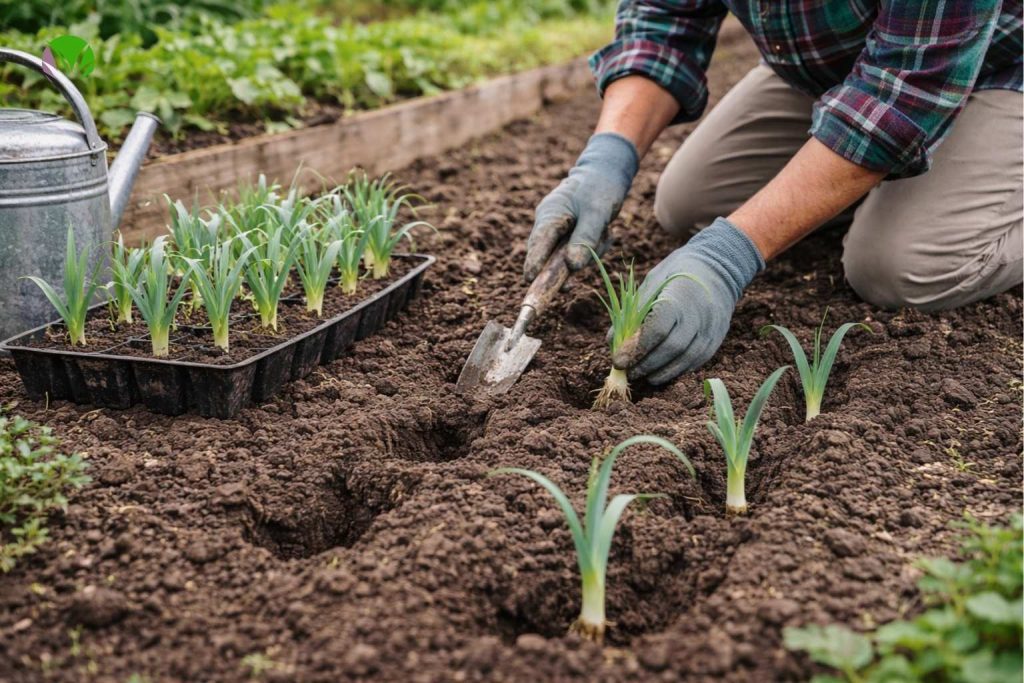 Planting young leeks into a prepared bed in a UK garden