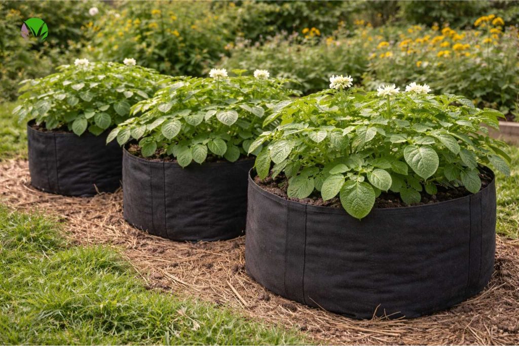 Potatoes growing in grow bags in the UK