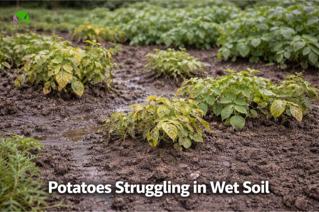 Potato plants struggling in wet soil in the UK