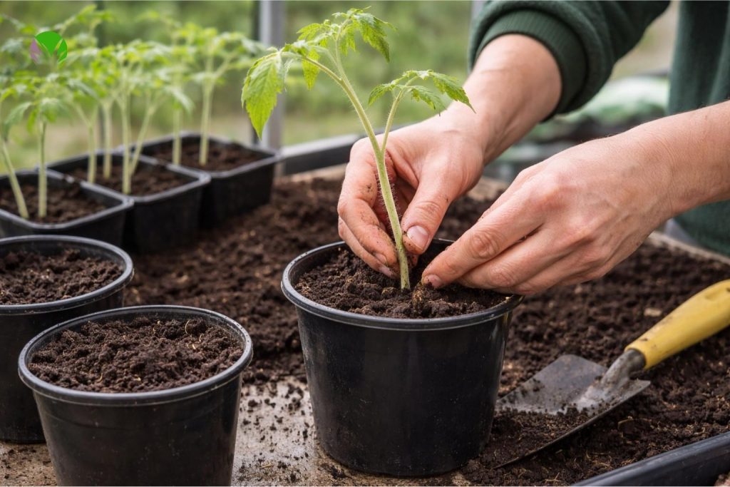Potting on leggy tomato seedlings deeper in the UK