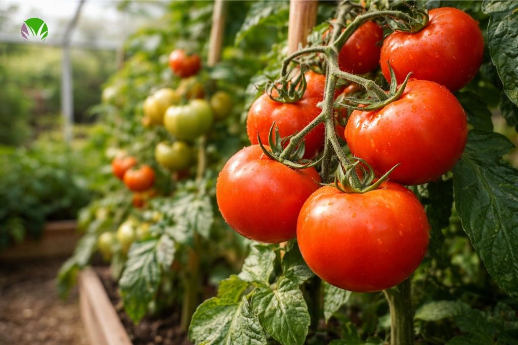 Ripe homegrown tomatoes on the vine in the UK