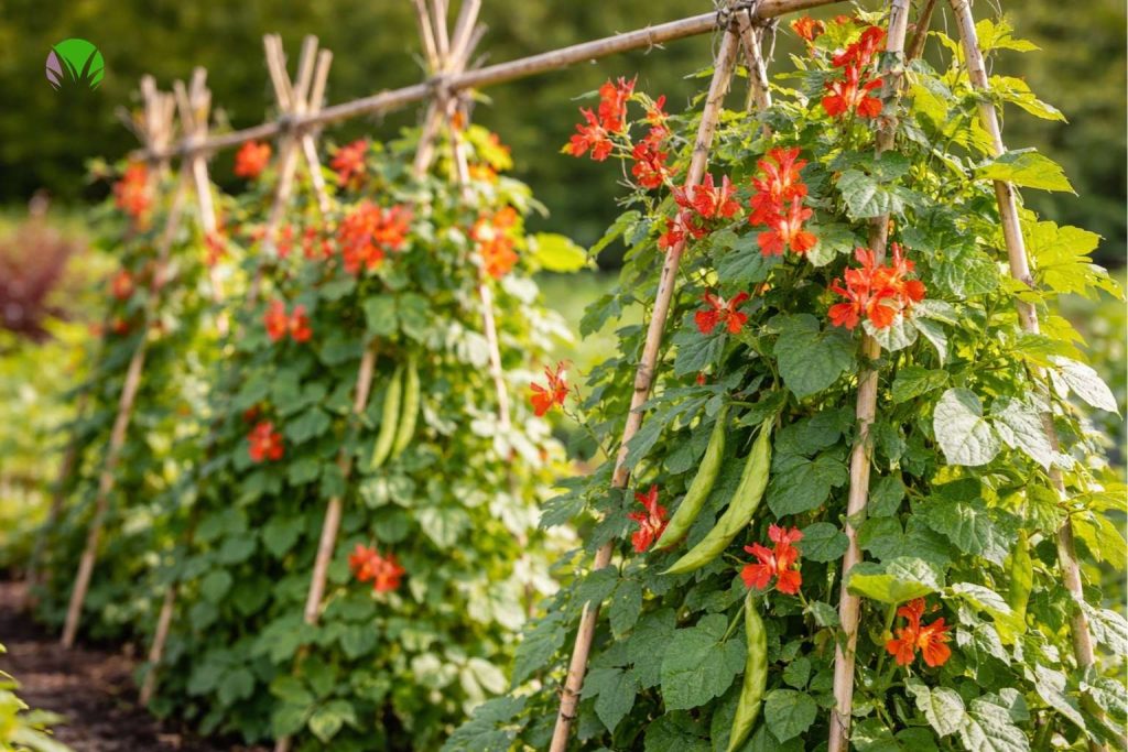 Runner bean flowers on healthy climbing plants in a UK garden