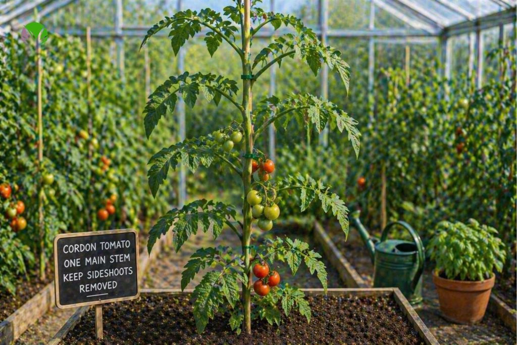 Single stem cordon tomato plant growing neatly in a UK greenhouse