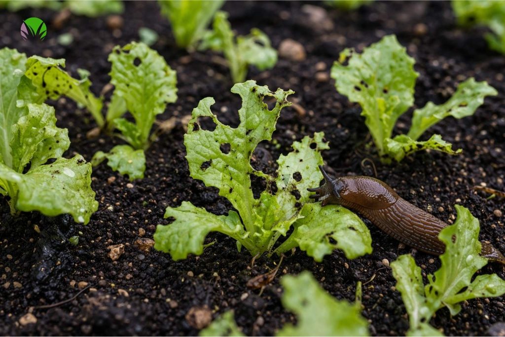 Slug damage on young lettuce seedlings in a UK garden