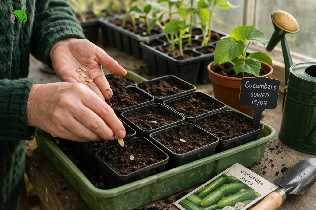 Sowing cucumber seeds in pots in the UK