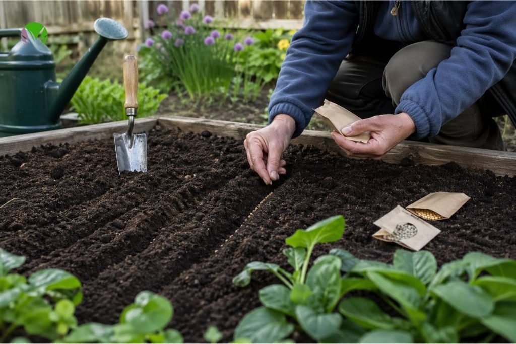 Person sowing seeds in a row in a raised bed vegetable garden in May in the UK