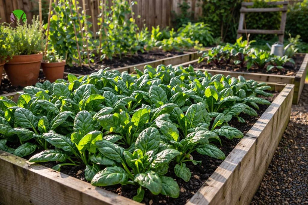 Spinach growing in a UK garden bed