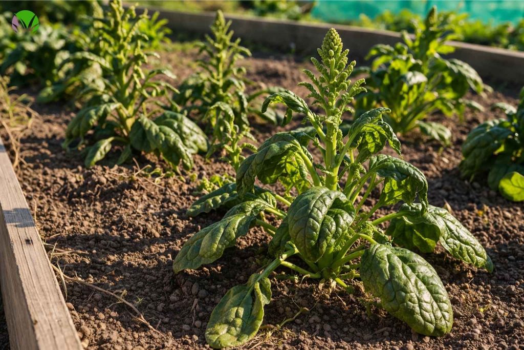 Spinach growing in warm dry conditions in a UK garden