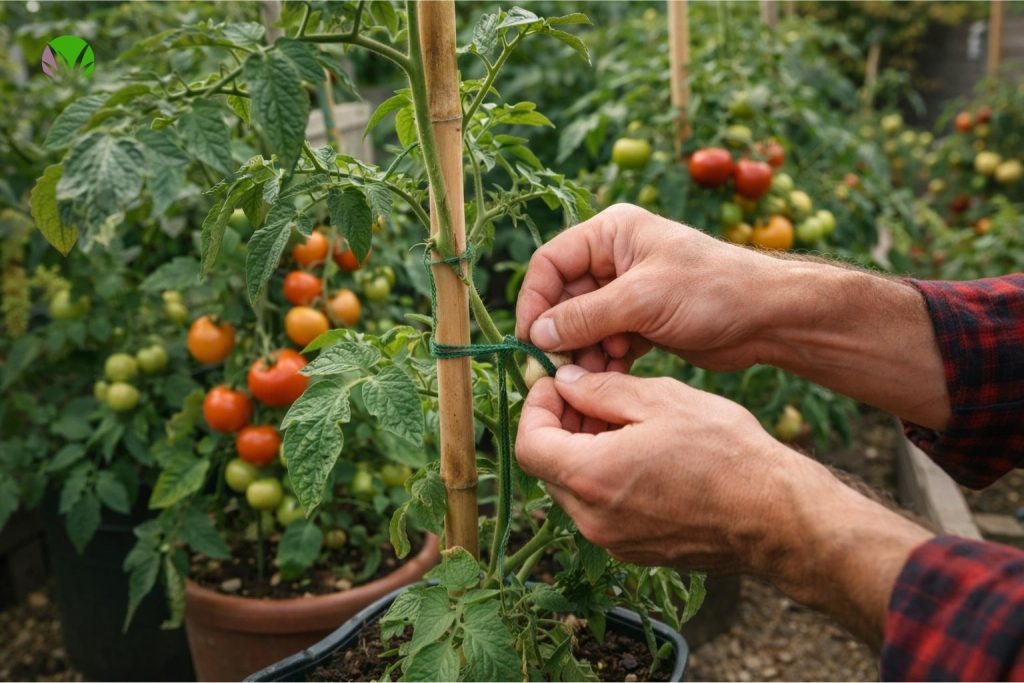 Supporting tomato plants with canes in a UK garden