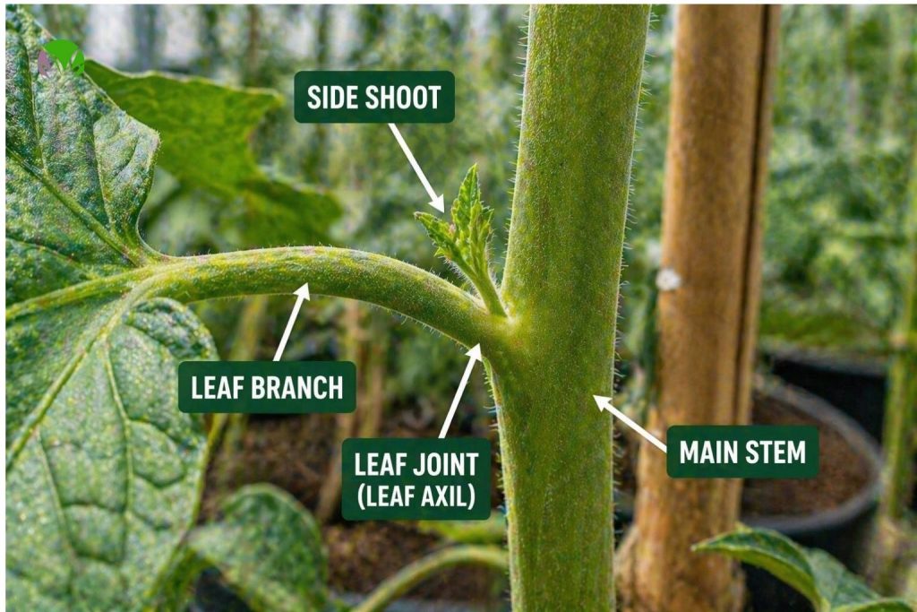 Close-up of a tomato side shoot growing in the leaf joint