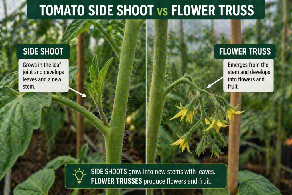 Tomato side shoot and flower truss comparison on a tomato plant