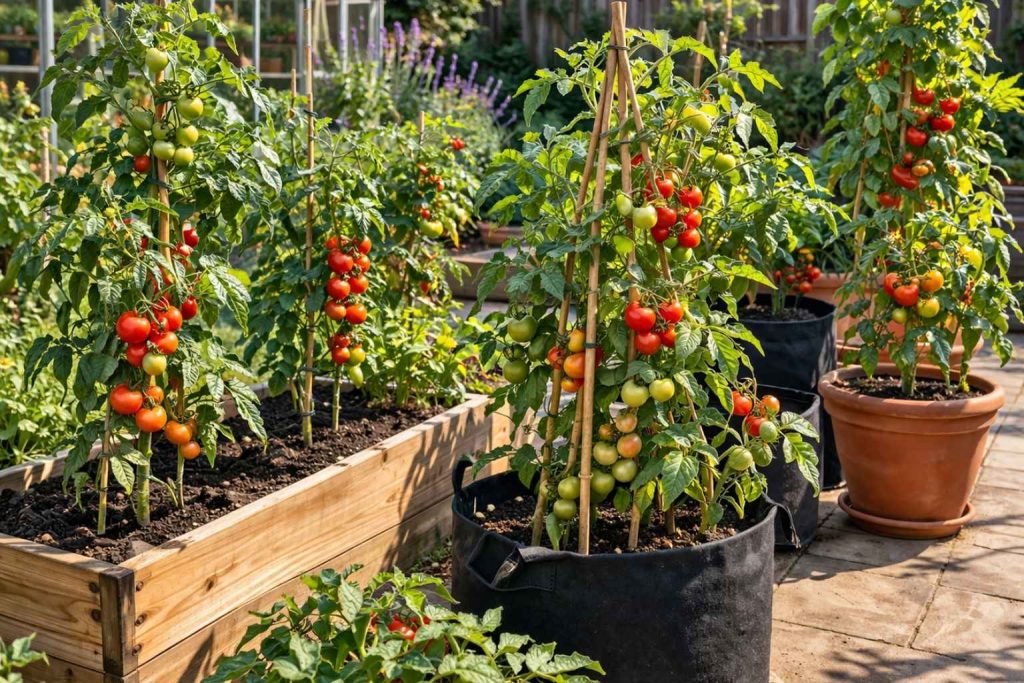 Tomatoes growing in pots and beds in a UK garden