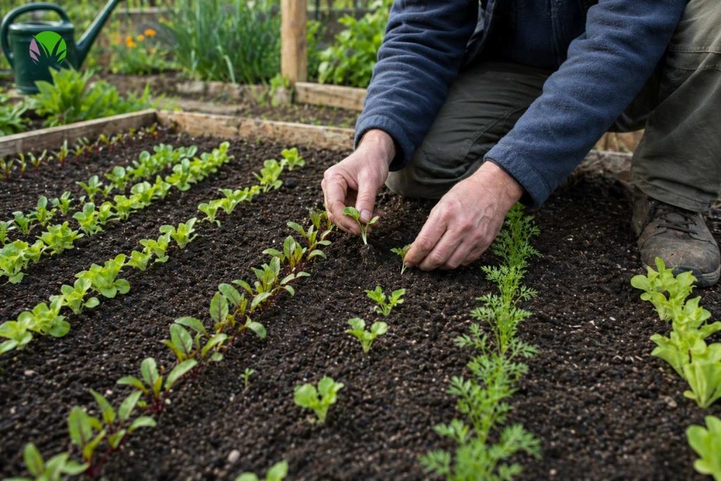 Person thinning beetroot and carrot seedlings in a raised bed vegetable garden in May in the UK