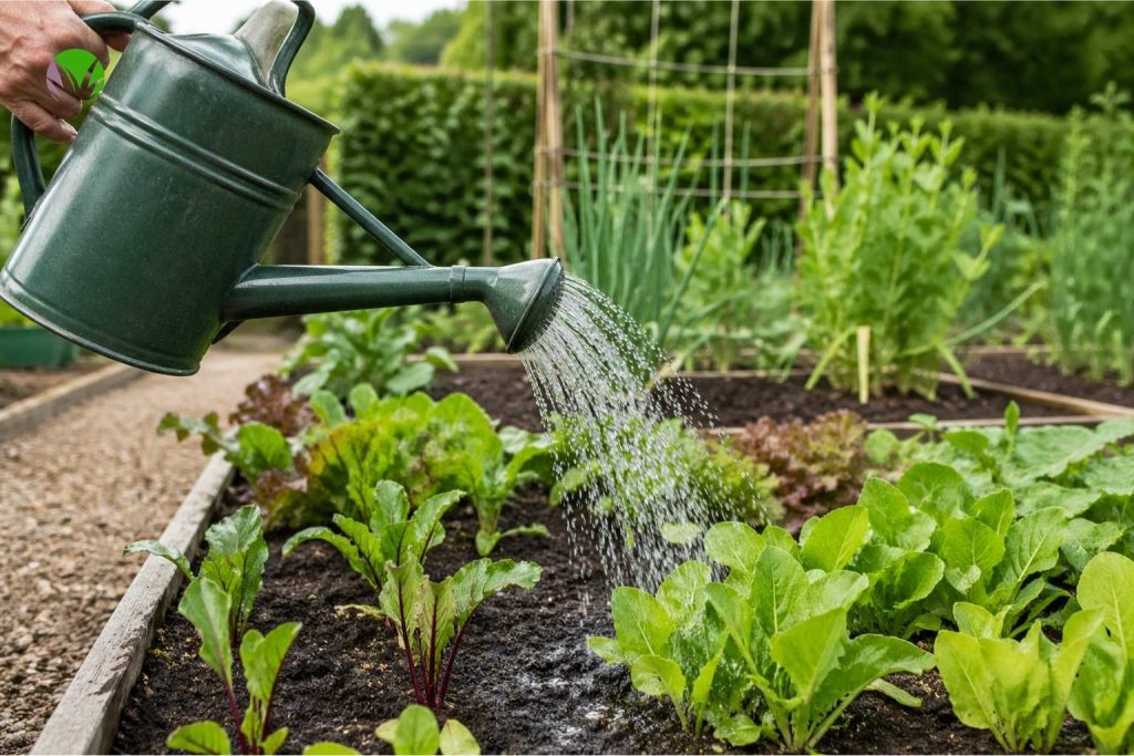 Watering can pouring water over beetroot and lettuce plants in a raised bed vegetable garden in May in the UK