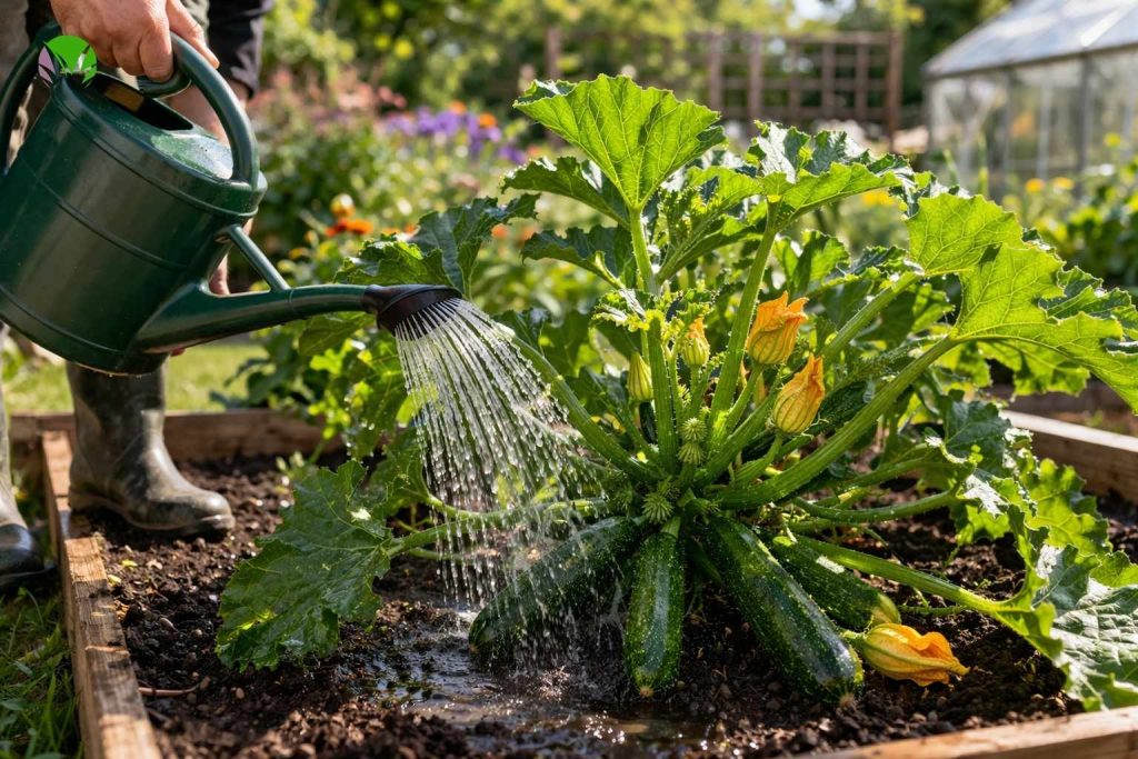 Watering courgettes in a UK garden