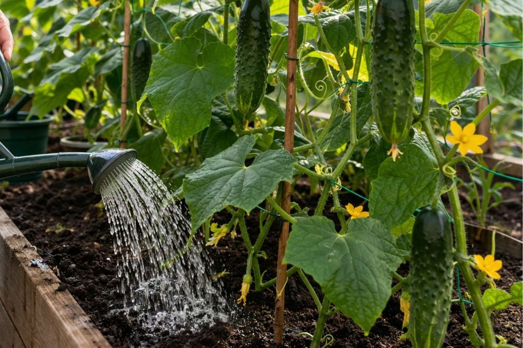 Watering cucumber plants in a UK garden