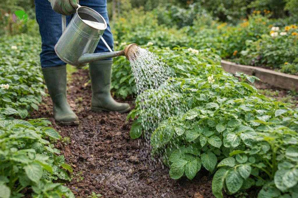 Watering potato plants in a UK garden