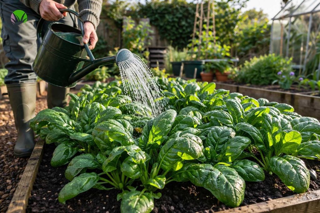 Watering spinach in a UK garden