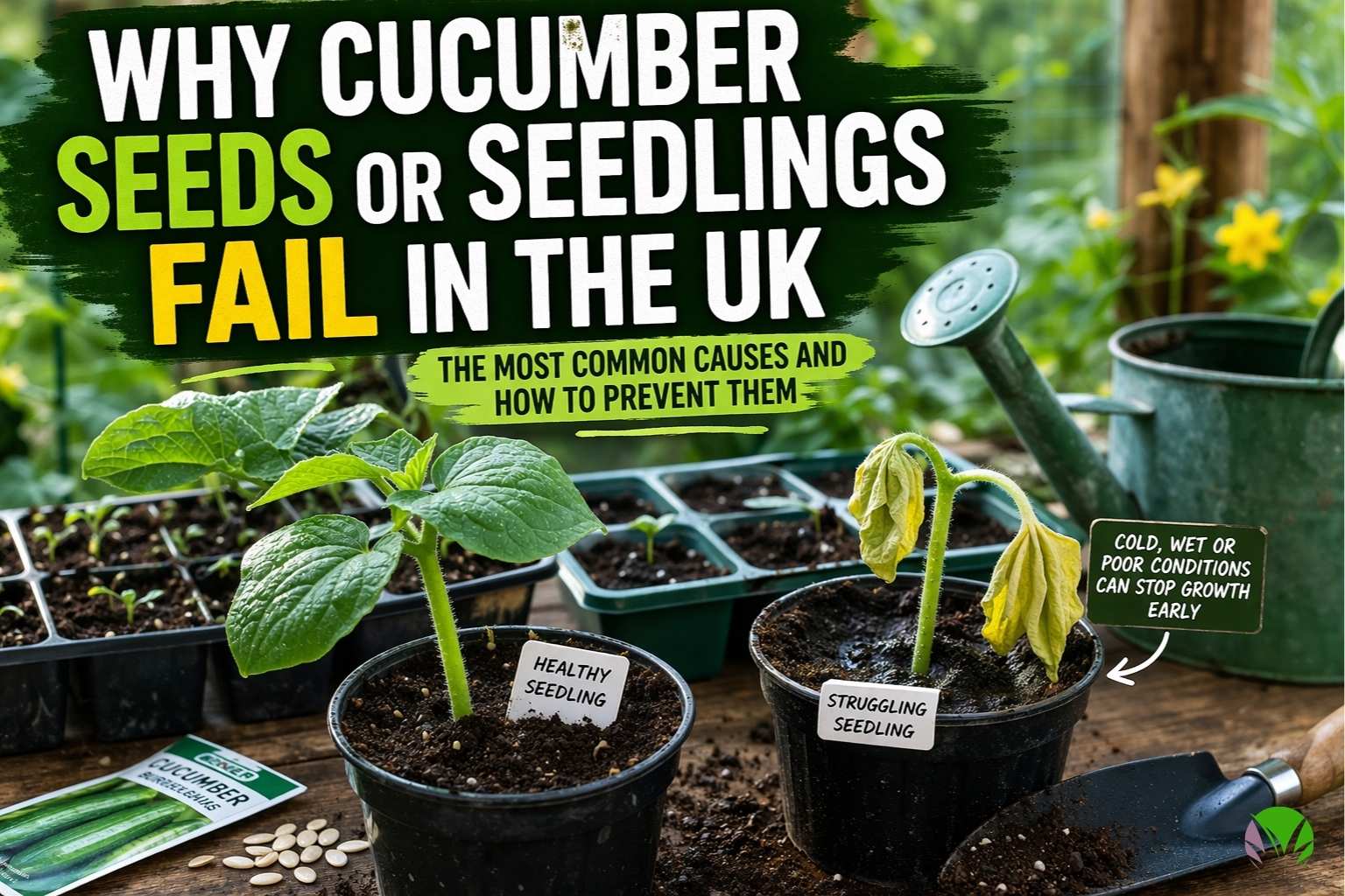 Cucumber seeds and seedlings growing in pots in a UK garden