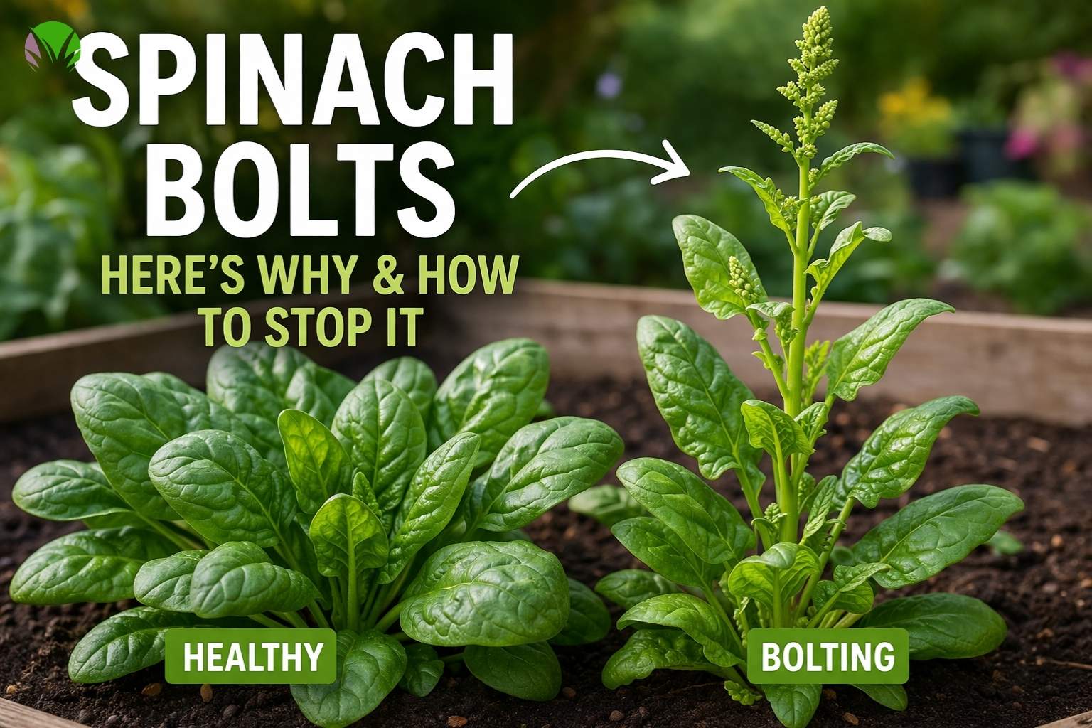 Healthy and bolting spinach plants in a UK garden