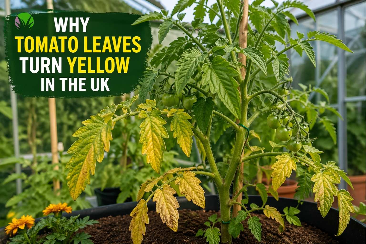Tomato plant with yellow lower leaves in a UK garden