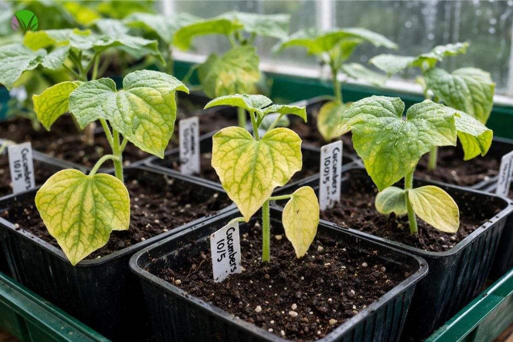 Yellow cucumber seedlings in small pots in a UK garden